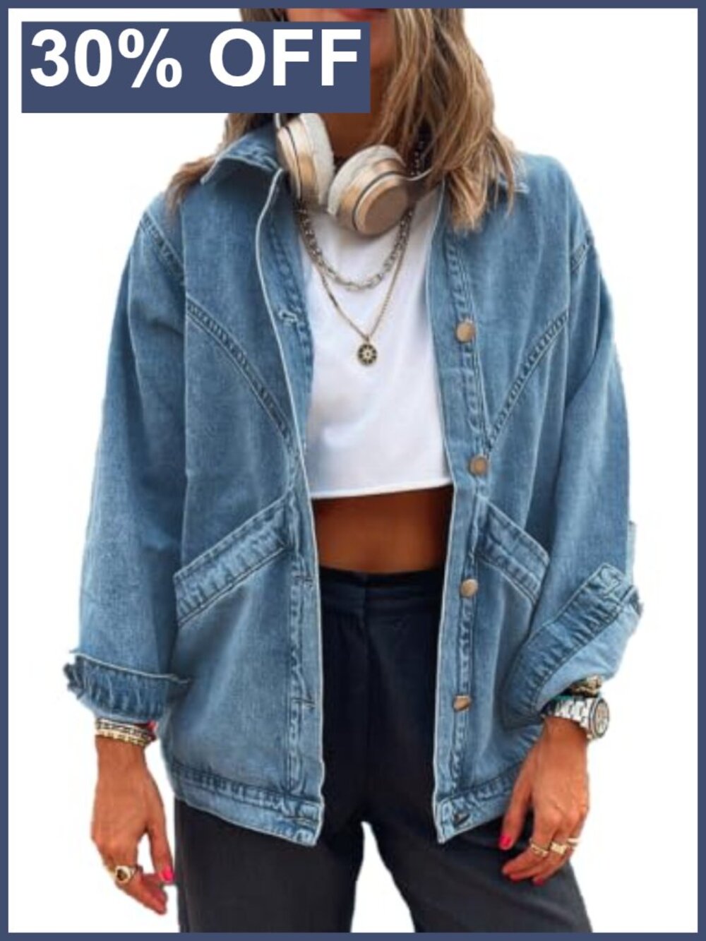 Oversized Button Up Denim Jacket Shacket Long Sleeve Pockets Casual